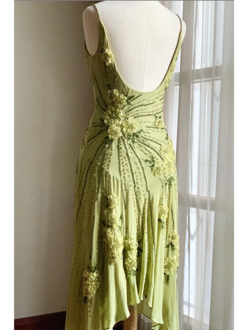 Vintage Mermaid Spaghetti Strap Beaded Flower Chiffon Party Dress Evening Dress HZ1023